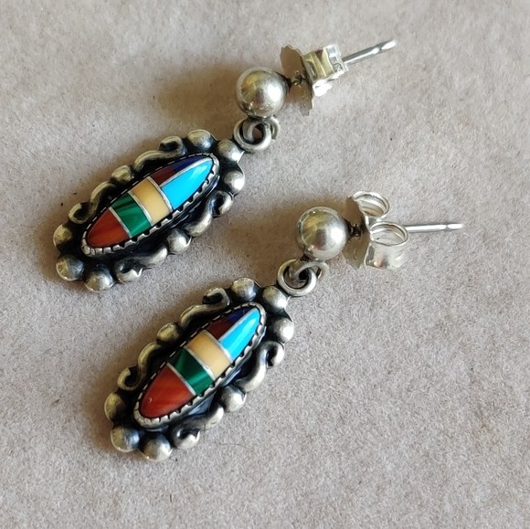 Vintage Jewelry - Vintage Sterling zuni mosaic stone earrings